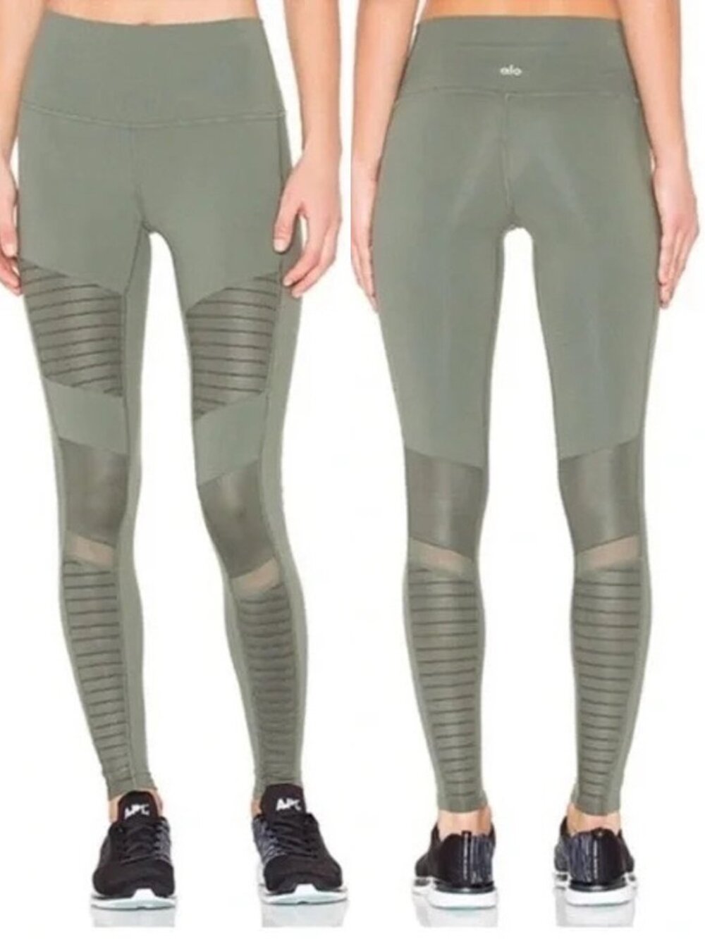 Alo Yoga High Waisted Moto Leggings S Sage Olive Green Tights Mesh Details $119